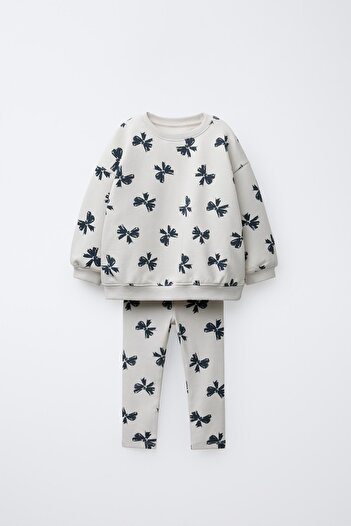Magu Girls' Cotton Cream Bow Patterned Sweatshirt and Leggings Set