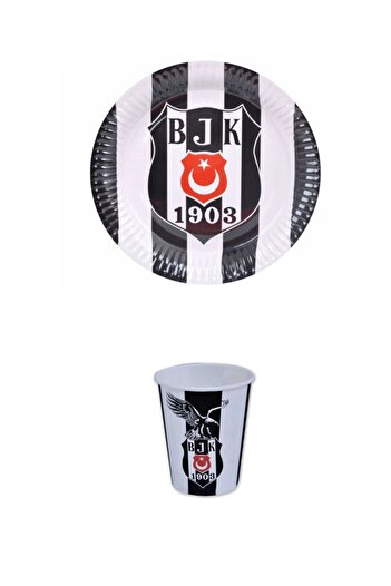 HALL BREATHE Beşiktaş Temalı Siyah Beyaz Doğum Günü Kağıt Tabak Bardak 8 Kişilik