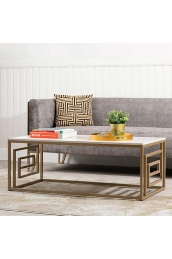 Vanity Living Brescia Coffee Table – Cream Faux Concrete Wooden Top with Gold Metal Frame – Mode
