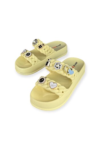 AkınalBella Women's Soft Yellow Stone Double Band Soft Soft Sole Slippers