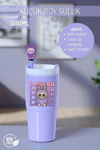 Nandy Home Labubulu Themed Small Size Colorful Water Bottle, 500ml. – Pipette Cover, 3D Adhesive and Label Gift