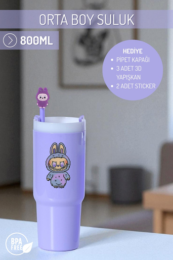 Nandy Home Labubulu Themed Medium Size Colorful Water Bottle, 800ml. – Pipette Cover, 3D Adhesive and Label Gift
