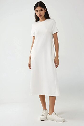 Hiccup Round Neck Short Sleeve Basic Midi Dress Busem Collection