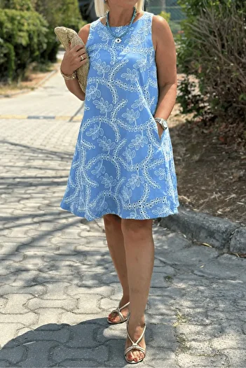 Suziş Μπλε Αμάνικο Φόρεμα Φιστό 28970
