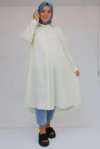 Eslina 58102 Large Size Stone Print Detailed Linen Mevlana Tunic - Ecru