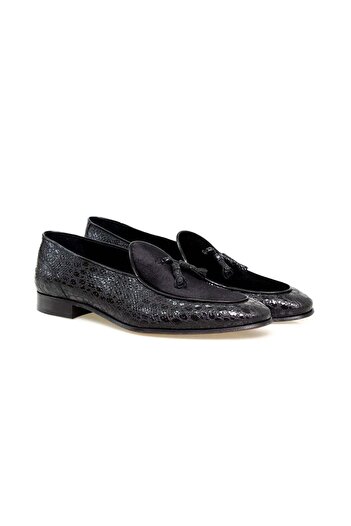 FRANCO CALVANI Black Color Laceless Genuine Leather Men's Shoes