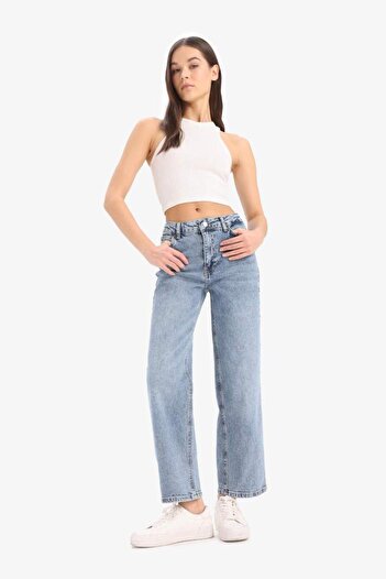 DeFacto Comfort Straight High Waist Ankle Length Jean Washed Trousers D8155Ax25Sm