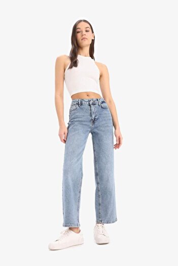DeFacto Comfort Straight High Waist Ankle Length Jean Washed Trousers D8155Ax25Sm