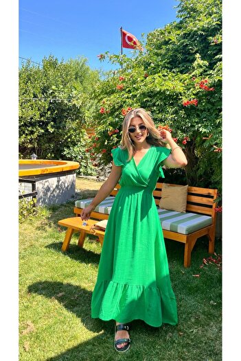 buğrahayalin Women's Short Sleeve Double Breasted Collar Elastic Waist Muslim Dress