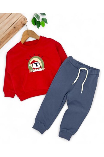 voyyo kids baby Boy's 3 Thread Unsharded Printed Red Sweatshirt and Blue Sweatpants Set for 2-3-4-5-6 Years Old