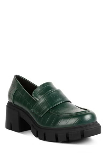 london Rag Women Dark Green Chunky Block Heel Loafers