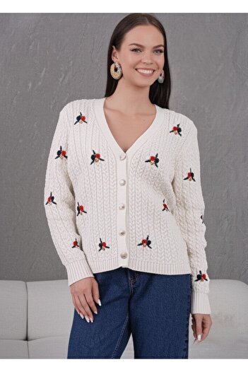 FLEX FASHION Women's Trend Popular Flower Embroidered 60 cm Cream Knitwear Cardigan