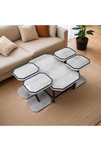 BAYTI Luxury Turkish Wooden Table Set for Living Rooms - 5 Pieces, White Marble