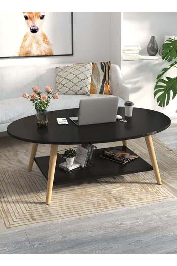 Taimi Oval Wooden Table,Table with 2 Storage Layers for Living Room, Coffee Table 100x50x42cm - Black