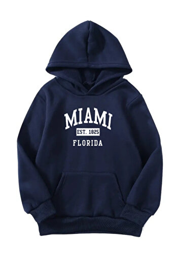 VBSVİBES سويت شيرت بقلنسوة مطبوع عليه Miami Florida للجنسين مقاس كبير - أزرق داكن
