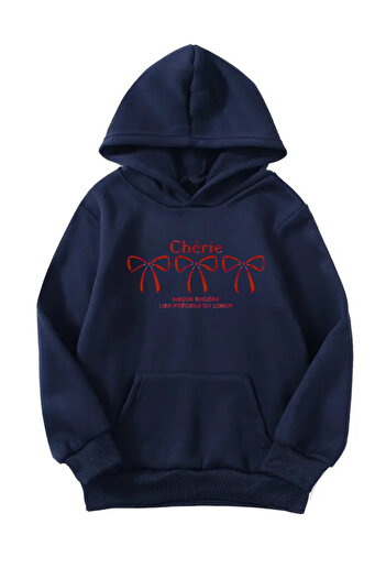 Sweetline Unisex Oversize Hooded Winter Cherrie Red 3 Ribbons Printed Hooded Sweatshirt - Navy Blue