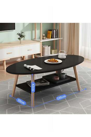 Taimi Oval Wooden Table,Table with 2 Storage Layers for Living Room, Coffee Table 100x50x42cm - Black