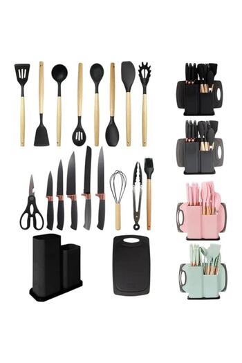 Tradeo 19pcs Grey silicone spatula set with holder—heat-resistant, BPA-free, safe for nonstick cookware.