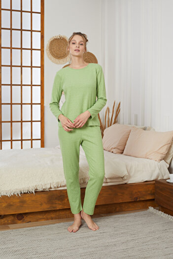 Siyah İnci Green Hooded Winter Knitted Pajamas Suit25226002