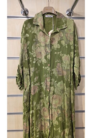 Park Moda Italian Long Linen Shirt Dress Rose Pattern