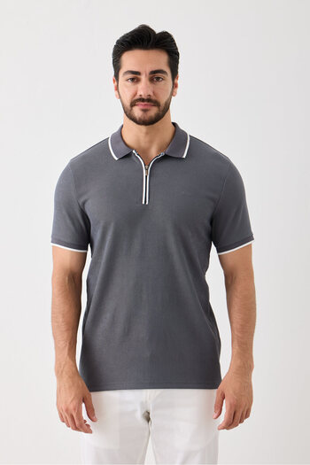 Yardalı Short Sleeve Men's T-Shirt - Polo Neck, Zippered, Dot Pattern, Stretching, Non-Pilling Fabric Alba