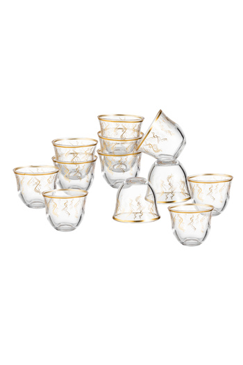 Dania Saudi coffee cup set made of clear glass with a beautiful and modern golden decor, consisting of 12 pieces