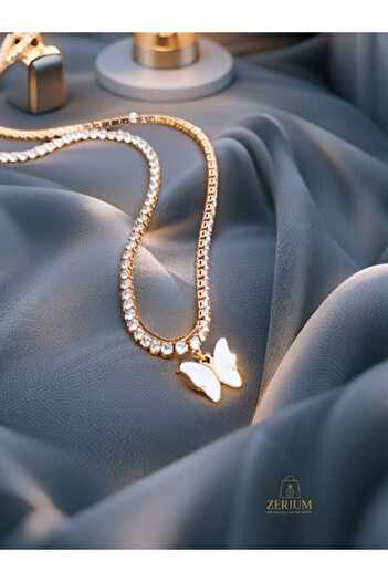 ZERİUM Gold Color Women's Necklace with Waterway Stone and White Butterfly Figure