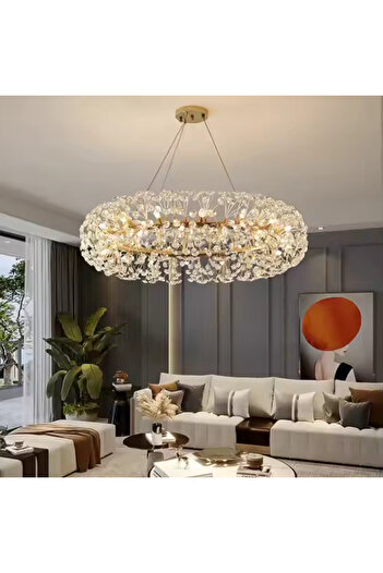 Alista Home Candelabru Cristal SEGOVIA Magno 5 x E14, Diametru 60 cm, Auriu Lucios, Inaltime Reglabila