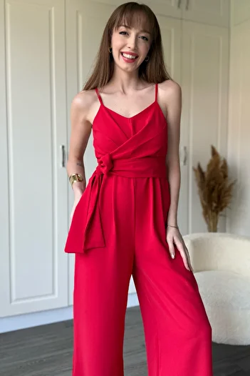 Dilay Gökoğlu Butik Red Jumpsuit with Strap Viscose Tie