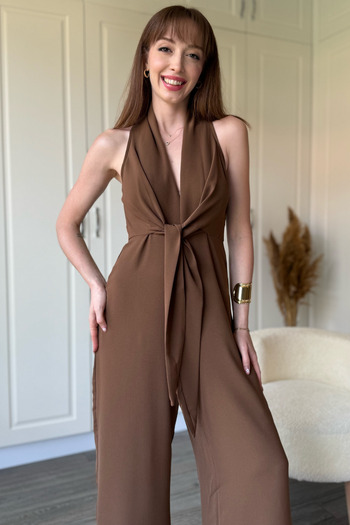 Dilay Gökoğlu Butik Brown Front Tie Wide Leg Jumpsuit