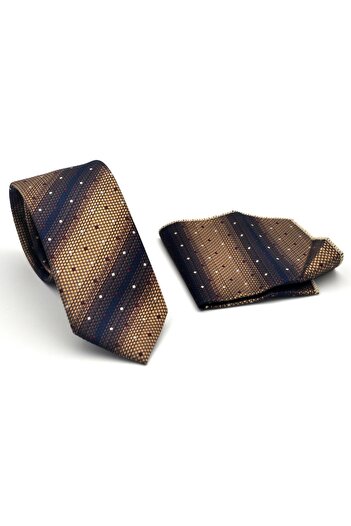 Gaffy Brown Lop Patterned Beige Woven Fabric Handkerchief Slim Fit Tie // Sdk-2505-5