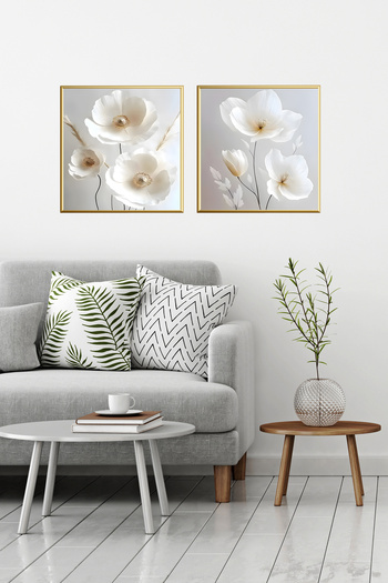 Linacci Set of 2 Gold Metal Framed Square Gray Flower Real Glass Painting Set