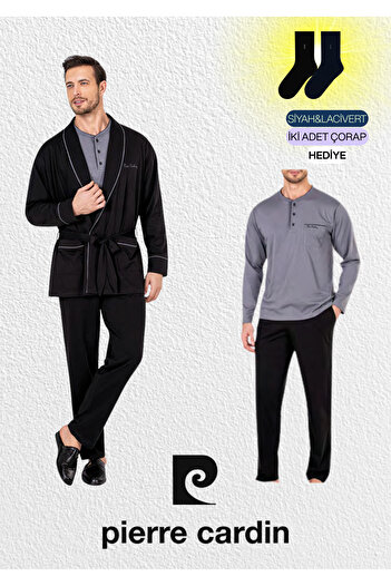 Pierre Cardin Men's Black Combed Cotton 3-Piece Robdosham & Long Sleeve Pajama Set (2 Socks Gift)