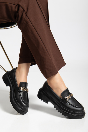 DİORİN Women's Loafer Moccasin Thin Buckle Black Skin Casual Shoes