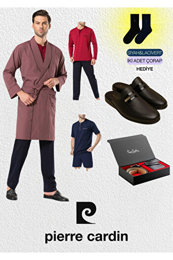 Pierre Cardin Men's 5 Piece Robdöşambr & Long - Short Sleeve Suit & Leather Slippers & Genuine Leather Belt Wallet Set