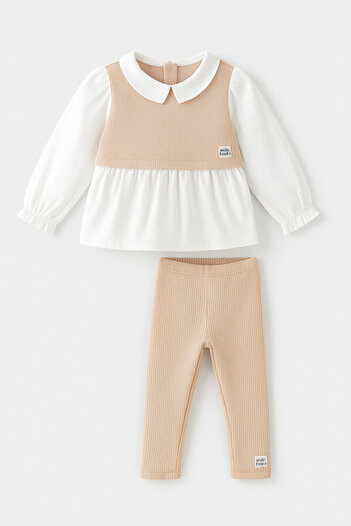 Magu Girls Cotton Ribbed Leggings Shirt Collar Two-Piece Set – Long Sleeve