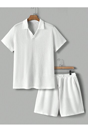 Hunors Sportswear & Company Men's Polo Neck Crinkle Fabric T-Shirt-Shorts Set