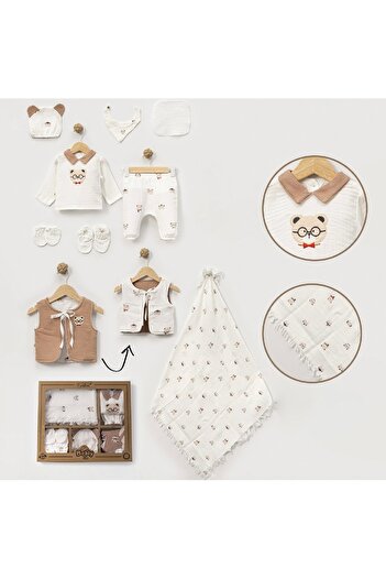 Cherub Baby Muslin Fiber Vest Teddy Bear Patterned Baby Boy Newborn 10 Piece Hospital Release Bodysuit Set
