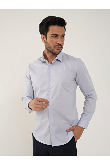 Dufy Light Gray Men's Slim Fit Straight Classic Collar Long Sleeve Shirt