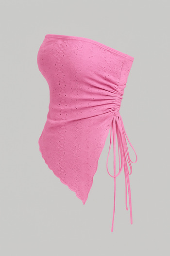 Marin Star Powder Pink Embroidery Pattern Asymmetrical Lycra Side Gathered Strapless, Summer Candy Pink Side Gathered Blouse