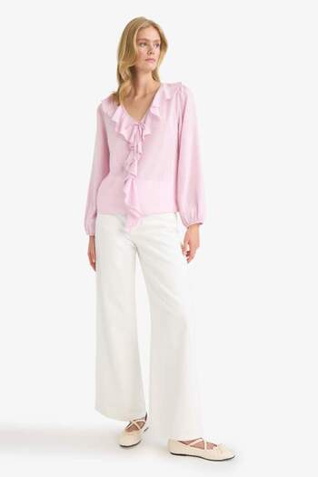 DeFacto Regular Fit V Neck Flounced Cotton Long Sleeve Blouse F9336Ax25Au