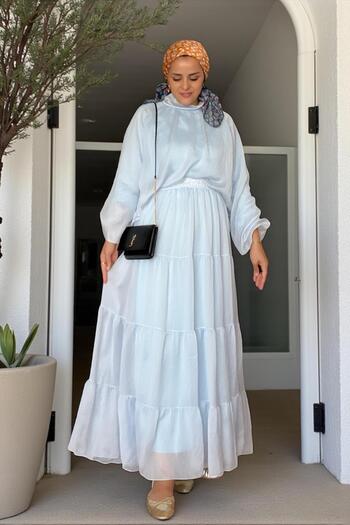 Aselim Hijap Moda Cotton Voile Lined Robe Skirt Suit Blue