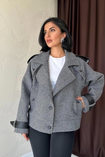 Silerra Gray Striped Leather Garnished Jacket