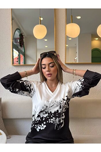 Modayakamoz Women's long sleeve v neck floral printed ruched diver blouse