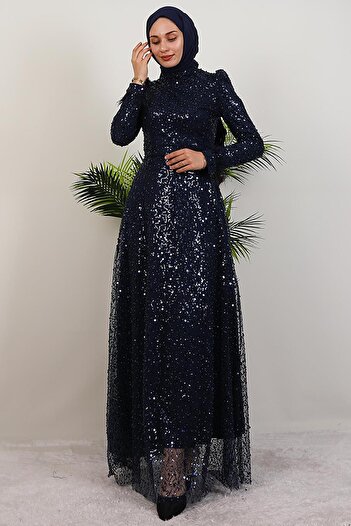 GİYZAMİLA Φόρεμα με πούπουλα με παγιέτες Navy Blue