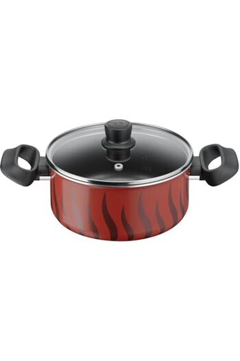 TEFAL Cooking Pot | Tempo Flame 20 Cm Non Stick Casserole With Lid | Red | Aluminium | 2 Years Warra
