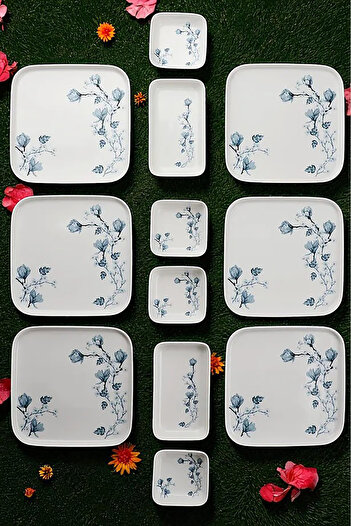 Home Magnolia 14 Piece Square Porcelain Breakfast Set for 6 People Blue White