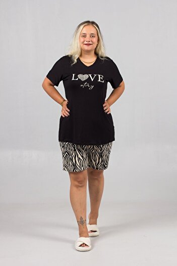 Truva XXL Plus Size Pajama Set with Ruched Sleeves and Zebra Shorts