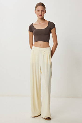 Lovelyİstanbul Wide Leg Draped Modal Trousers Lub0208 Light Yellow