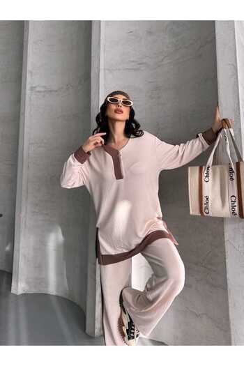 02Lady Fashion Garnili Oversize Half Zipper Slit Detailed Wide Leg Modal Fabric Tracksuit Set